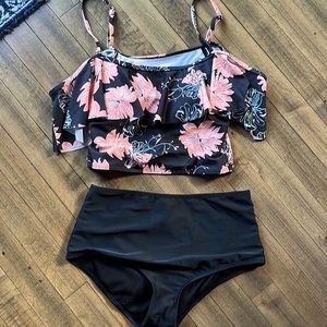Black and peach two-piece swimsuit